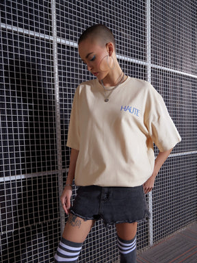 Beige HAUTE Printed Oversized T-Shirt-SASSAFRAS