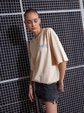 Beige HAUTE Printed Oversized T-Shirt-SASSAFRAS