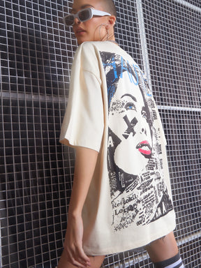 Beige HAUTE Printed Oversized T-Shirt-SASSAFRAS