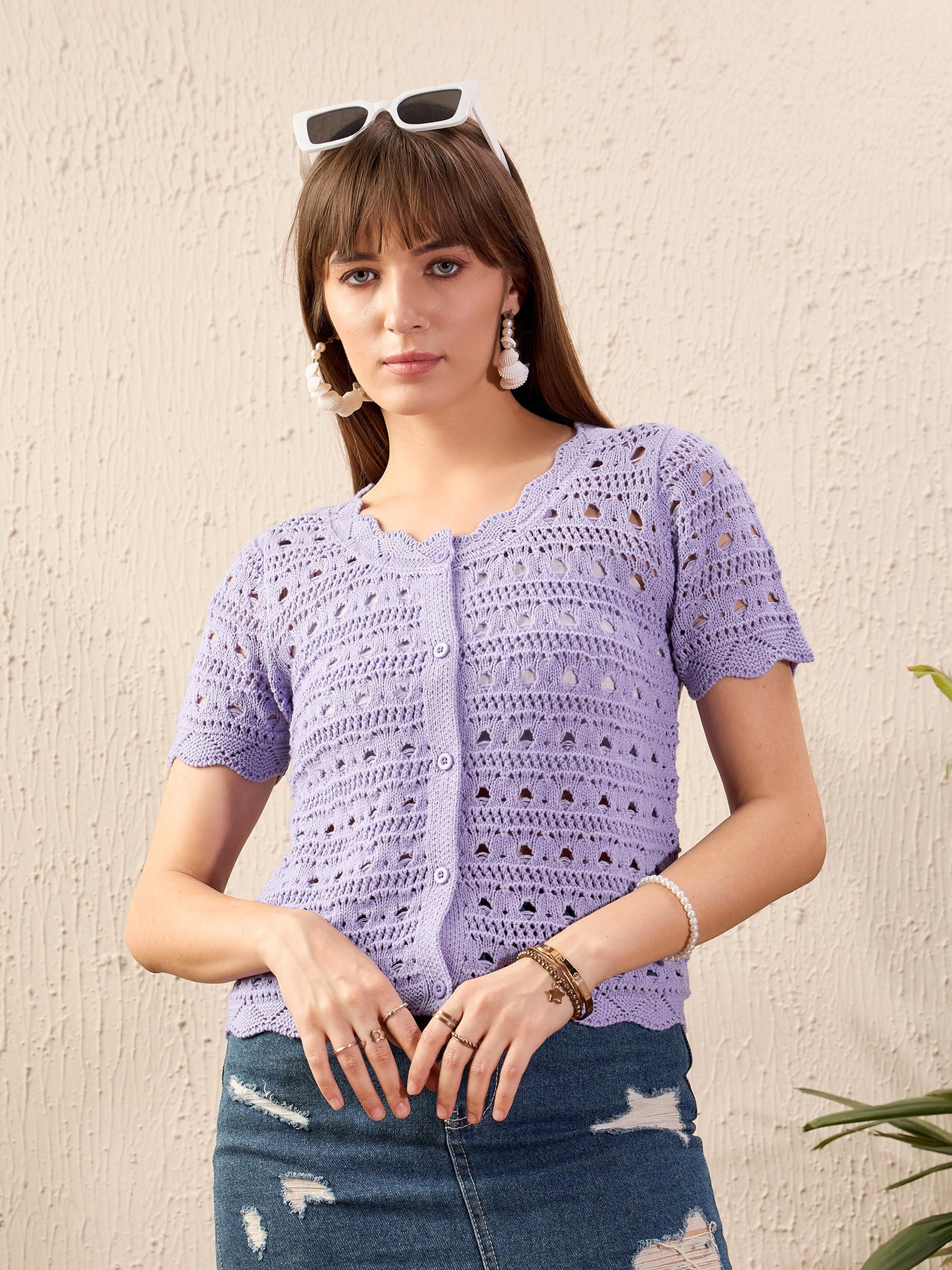 Women Lavender Round Neck Crochet Top - Main Image