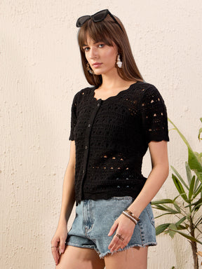 Black Round Neck Crochet Top-SASSAFRAS