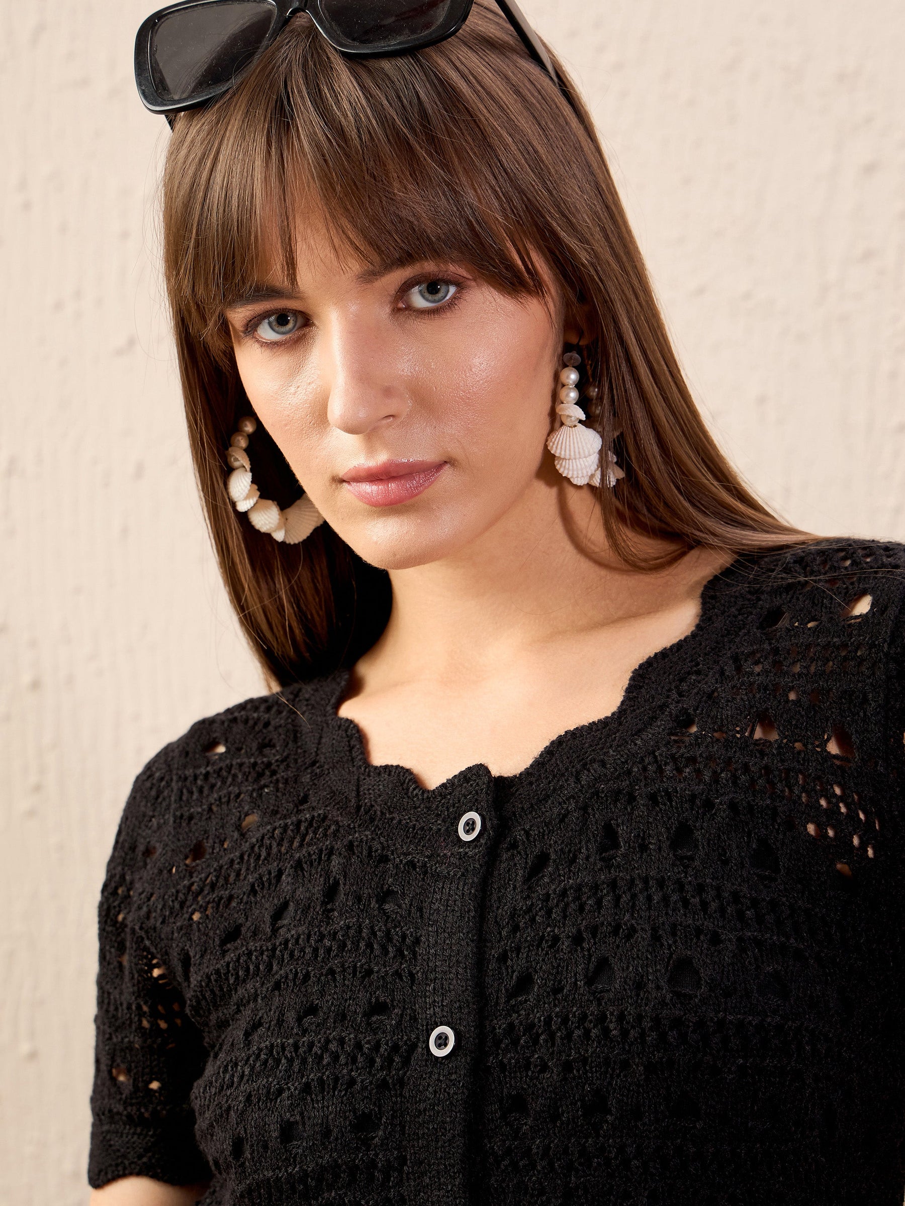 Black Round Neck Crochet Top-SASSAFRAS