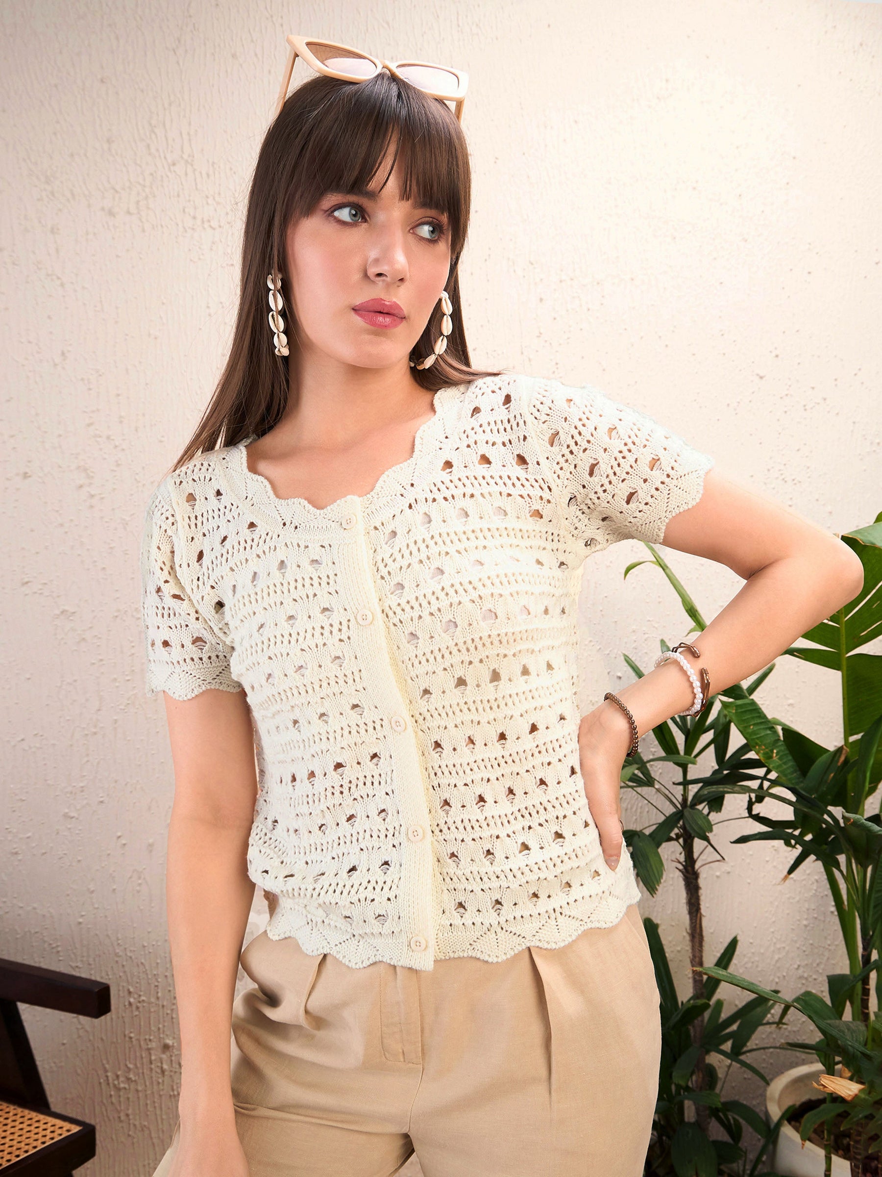 Off White Round Neck Crochet Top-SASSAFRAS