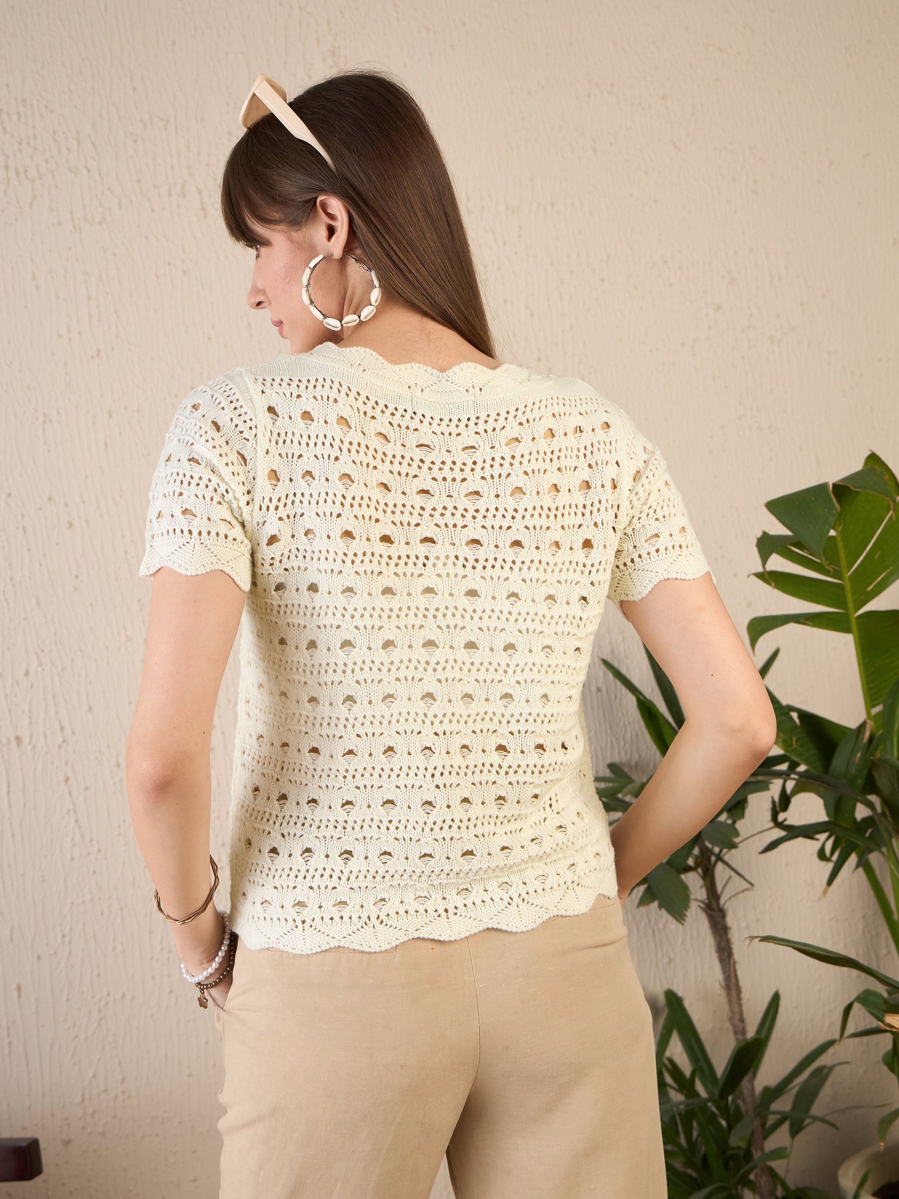 Off White Round Neck Crochet Top-SASSAFRAS