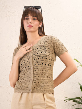 Beige Round Neck Crochet Top-SASSAFRAS