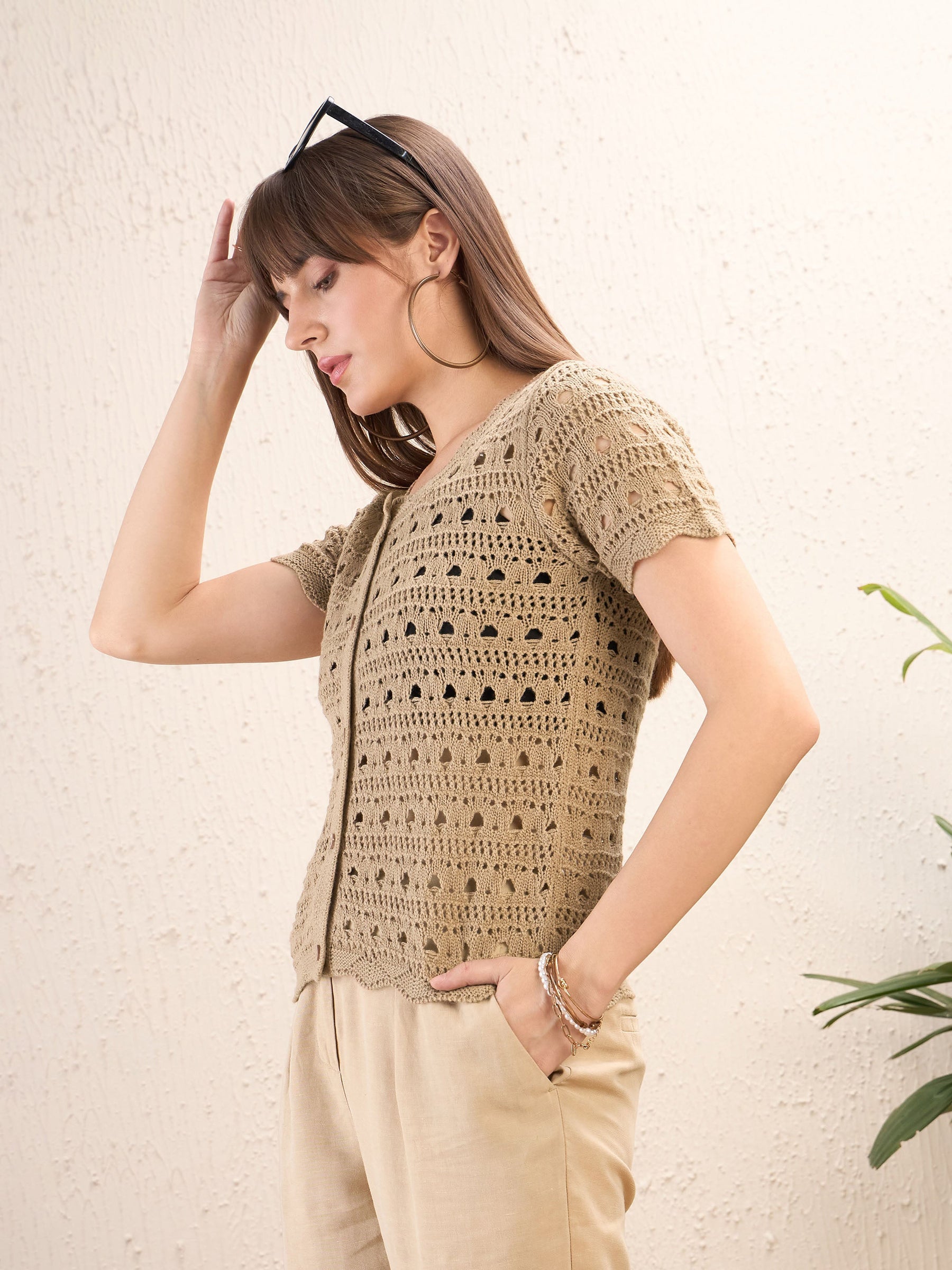 Beige Round Neck Crochet Top-SASSAFRAS