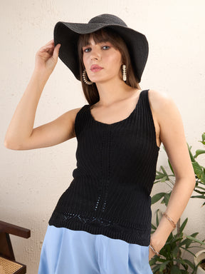 Women Black Scoop Neck Sleeveless Crochet Top