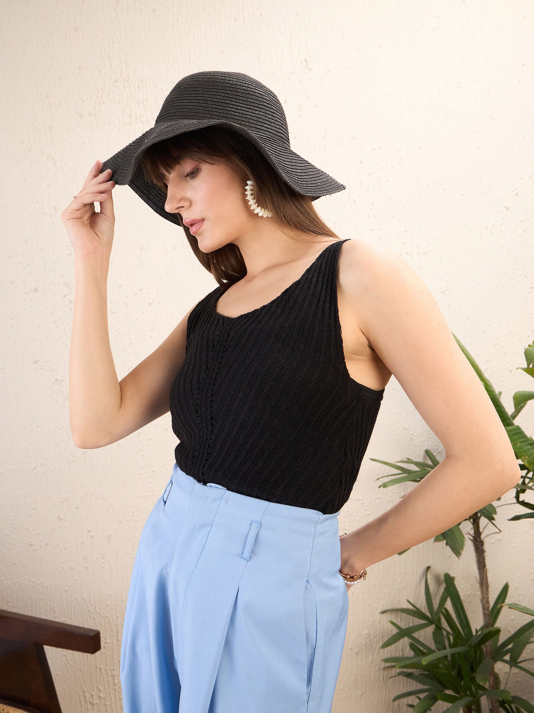 Women Black Scoop Neck Sleeveless Crochet Top