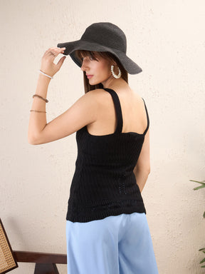 Women Black Scoop Neck Sleeveless Crochet Top