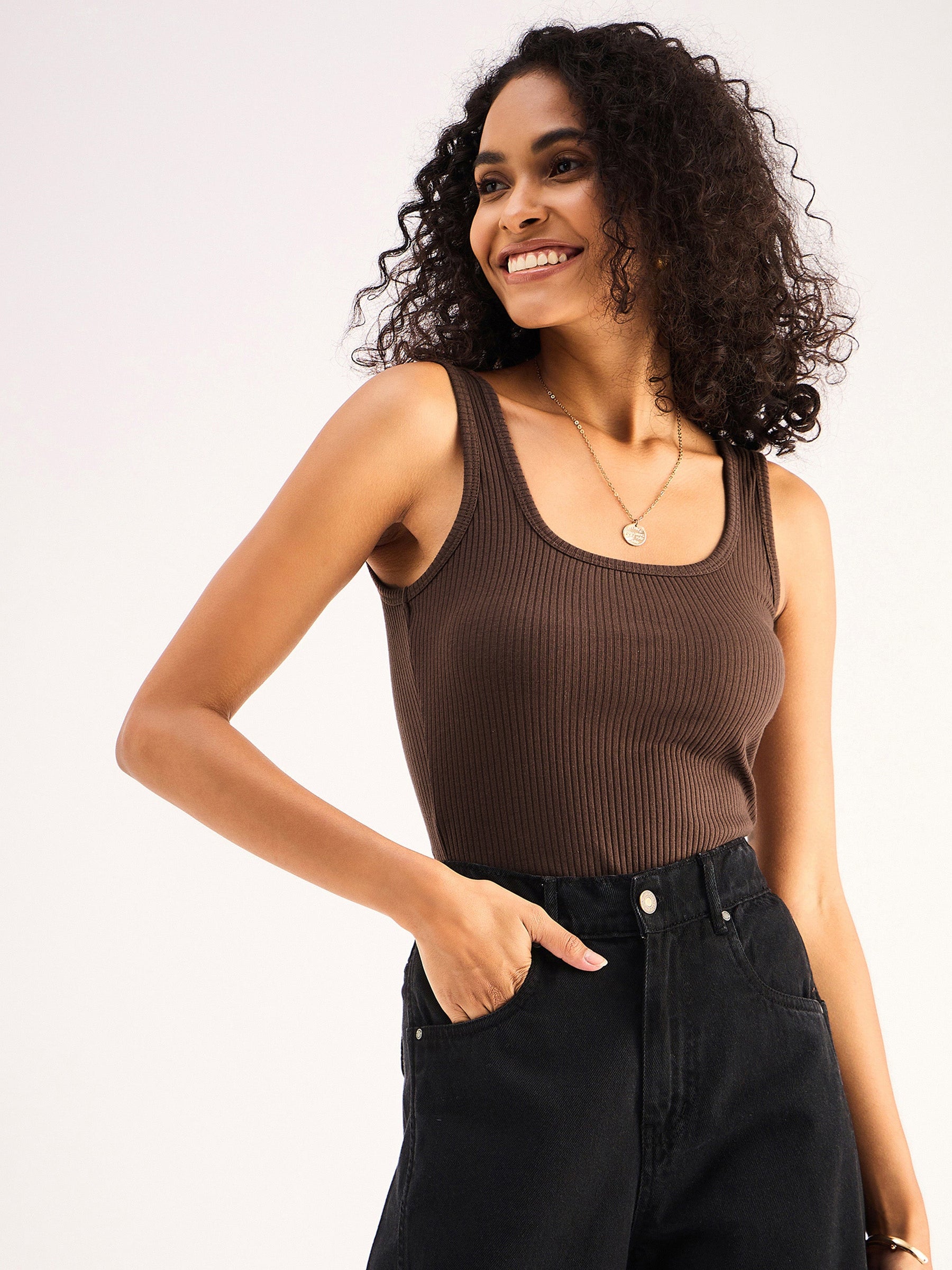 Brown Rib Sleveeless  Square Neck Top-SASSAFRAS BASICS