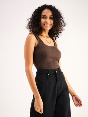 Brown Rib Sleveeless  Square Neck Top-SASSAFRAS BASICS