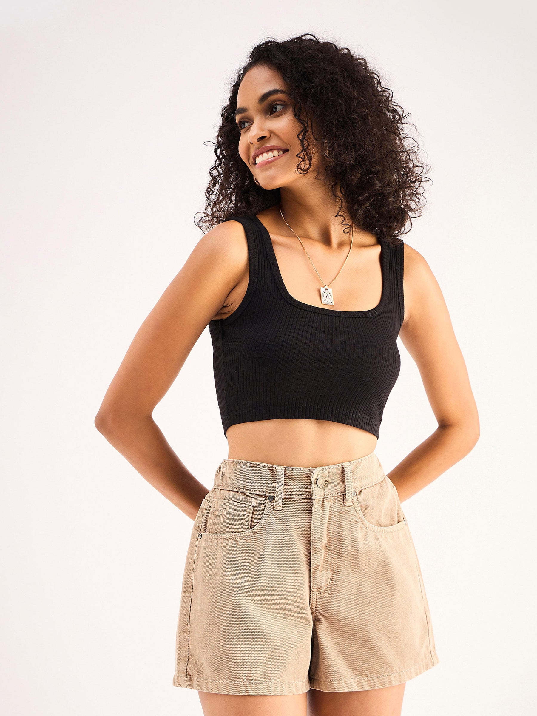 Black Rib Square Neck Cropped Tank Top-SASSAFRAS BASICS