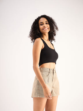 Black Rib Square Neck Cropped Tank Top-SASSAFRAS BASICS