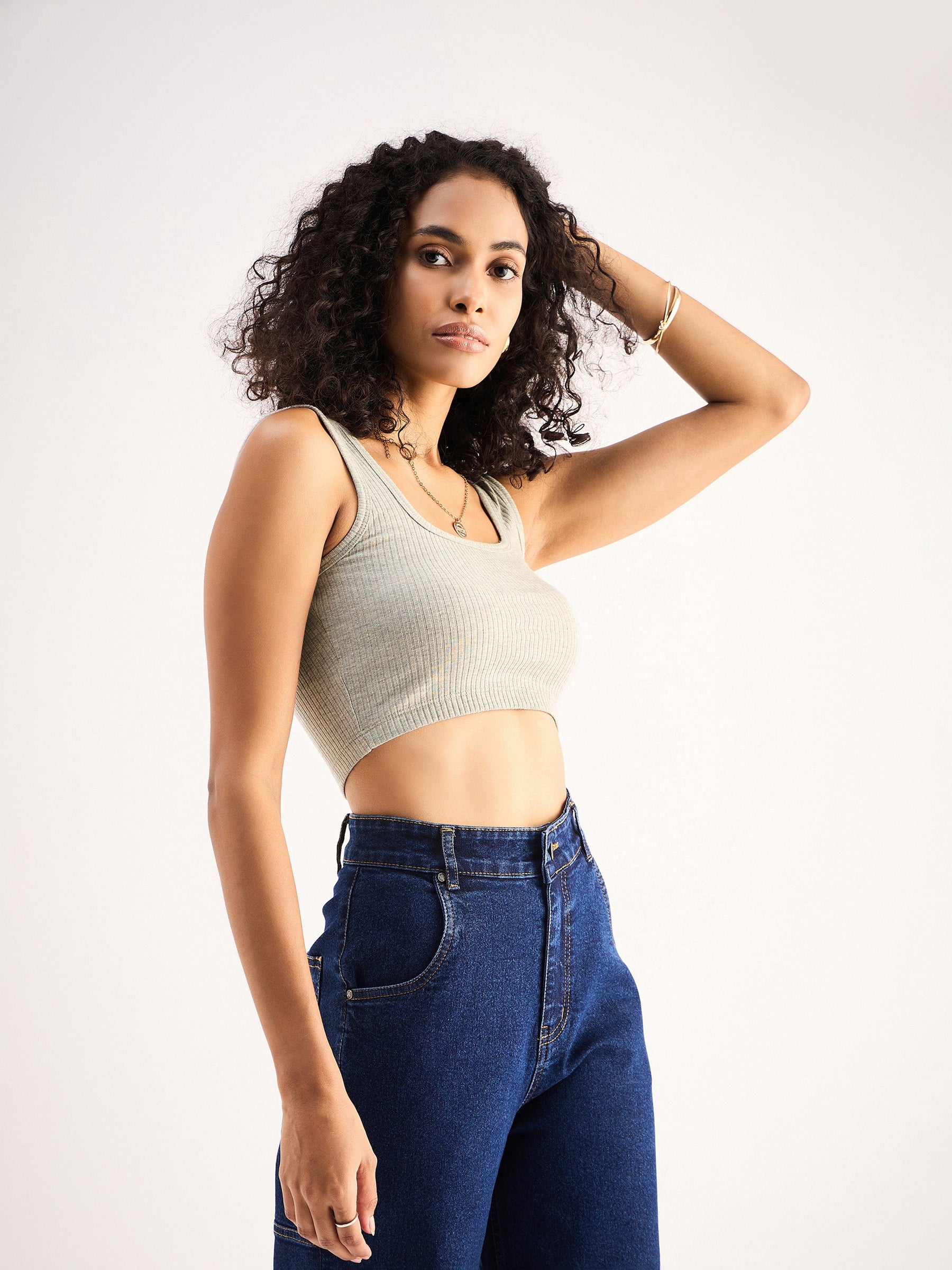 Grey Rib Square Neck Cropped Tank Top-SASSAFRAS BASICS