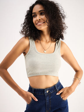 Grey Rib Square Neck Cropped Tank Top-SASSAFRAS BASICS