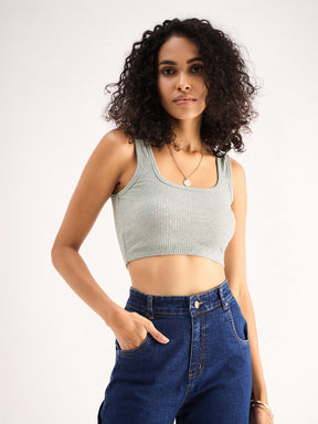 Grey Rib Square Neck Cropped Tank Top-SASSAFRAS BASICS