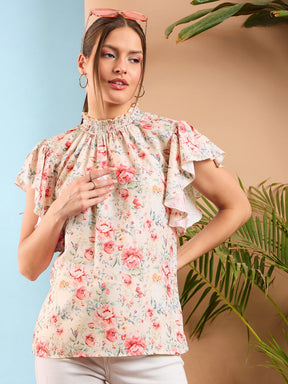 Cream Floral Smocked Neck Regular Top-SASSAFRAS