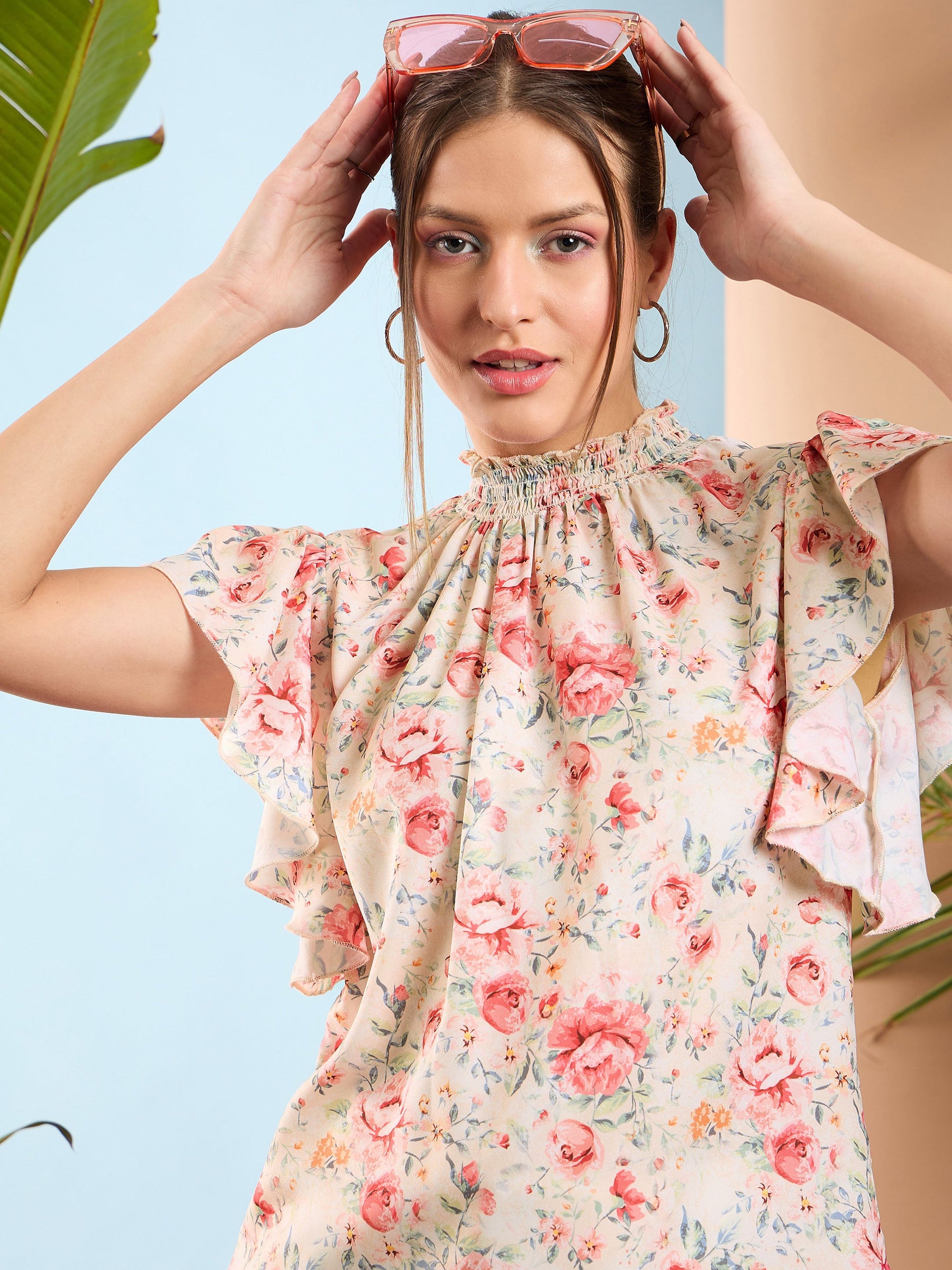 Cream Floral Smocked Neck Regular Top-SASSAFRAS