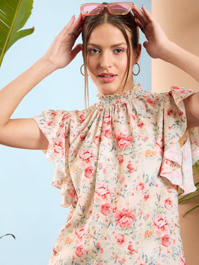 Cream Floral Smocked Neck Regular Top-SASSAFRAS