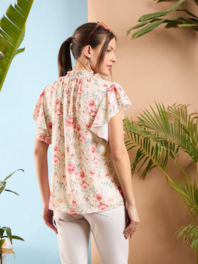 Cream Floral Smocked Neck Regular Top-SASSAFRAS