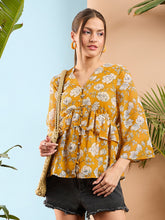 Yellow Floral Front Button Frill Peplum Top-SASSAFRAS