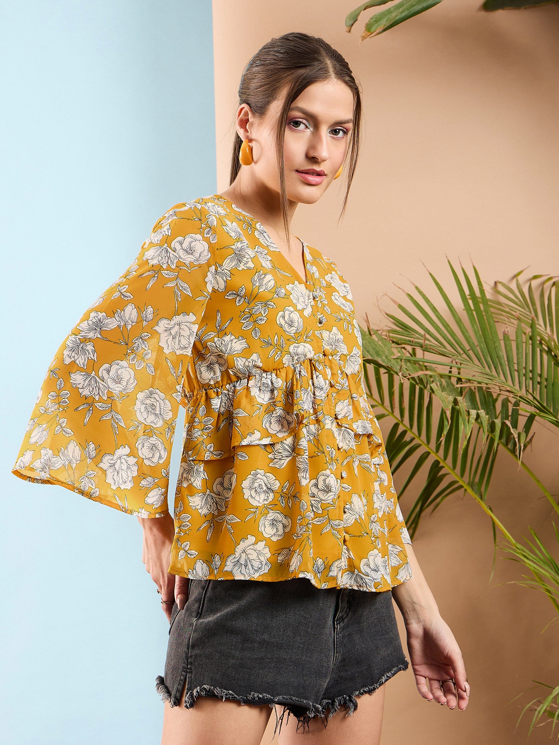 Yellow Floral Front Button Frill Peplum Top-SASSAFRAS