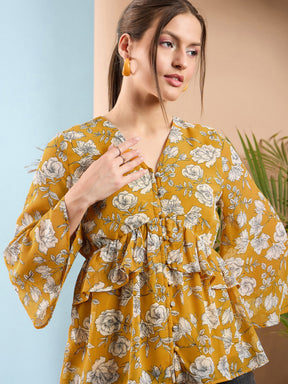 Yellow Floral Front Button Frill Peplum Top-SASSAFRAS