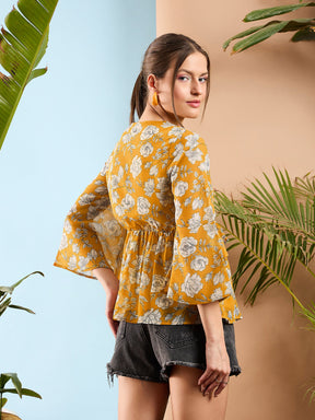 Yellow Floral Front Button Frill Peplum Top-SASSAFRAS