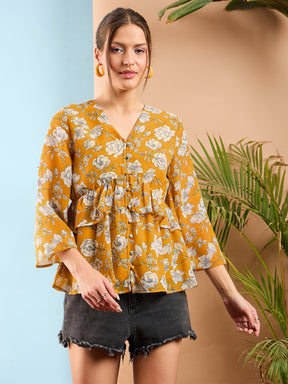 Yellow Floral Front Button Frill Peplum Top-SASSAFRAS