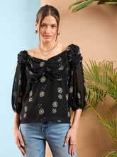 Black Floral Ruched Cowl Neck Top-SASSAFRAS