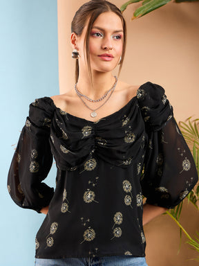 Black Floral Ruched Cowl Neck Top-SASSAFRAS