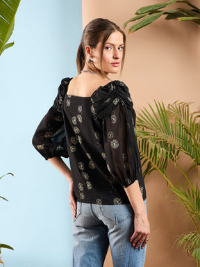 Black Floral Ruched Cowl Neck Top-SASSAFRAS