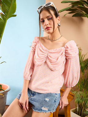 Pink Ditsy Floral Ruched Cowl Neck Top-SASSAFRAS