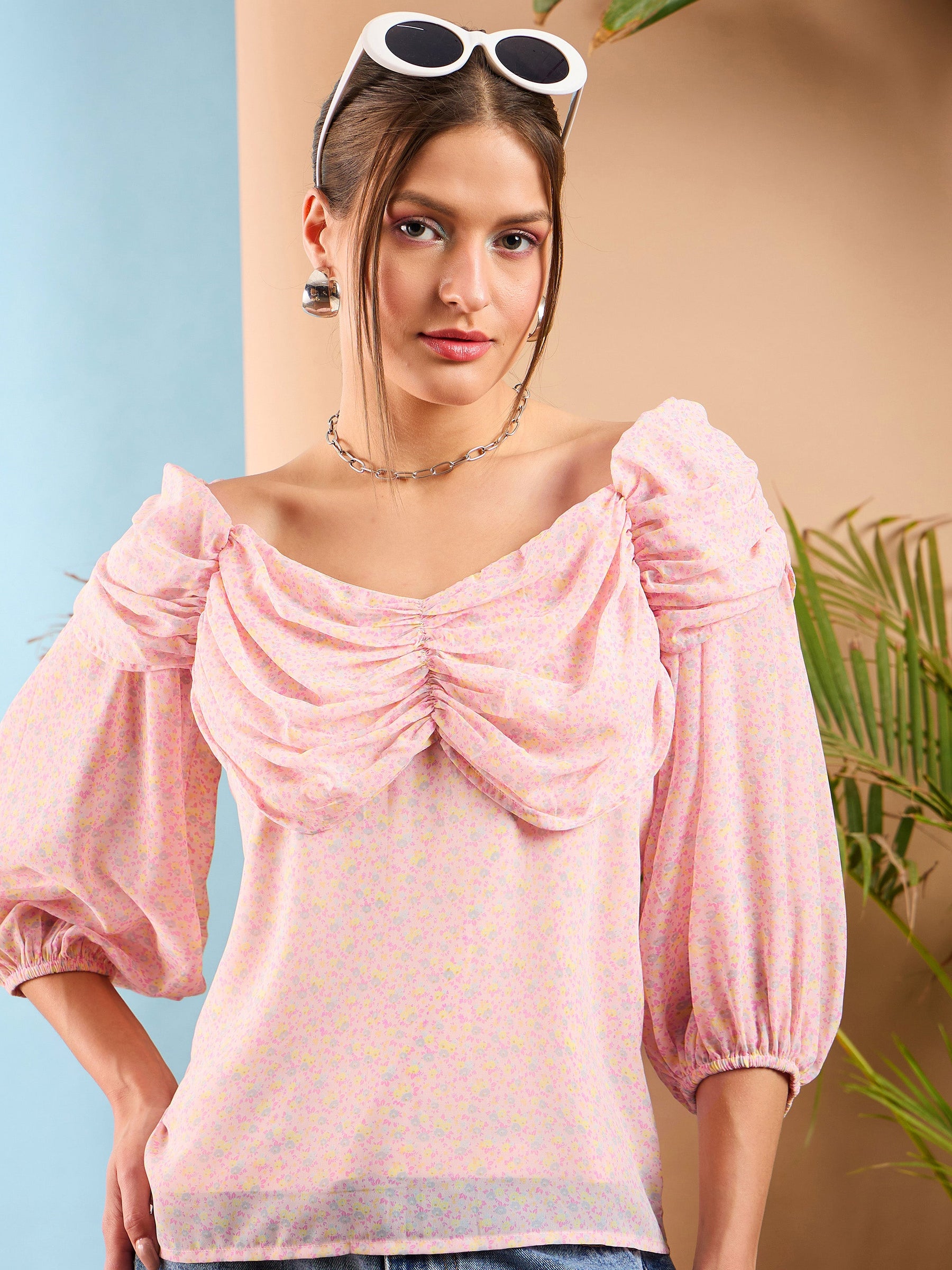 Pink Ditsy Floral Ruched Cowl Neck Top-SASSAFRAS