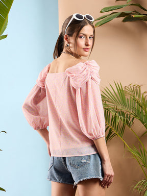 Pink Ditsy Floral Ruched Cowl Neck Top-SASSAFRAS