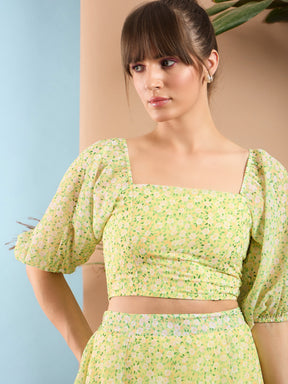 Lime Yellow Ditsy Floral Puff Sleeves Crop Top-SASSAFRAS