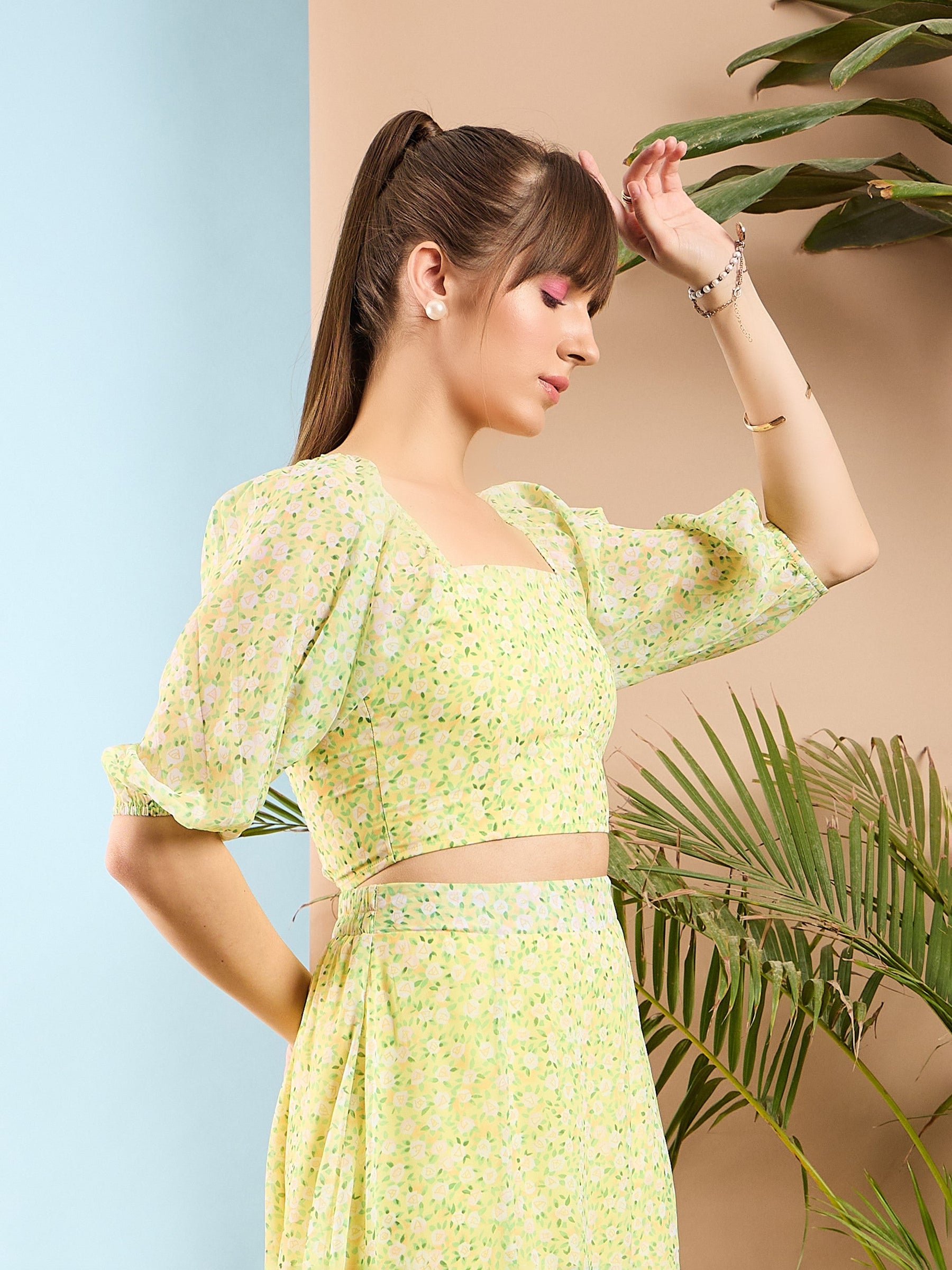 Lime Yellow Ditsy Floral Puff Sleeves Crop Top-SASSAFRAS