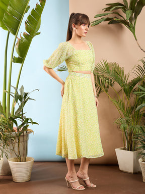 Lime Yellow Ditsy Floral Crop Top With Midi Skirt-SASSAFRAS