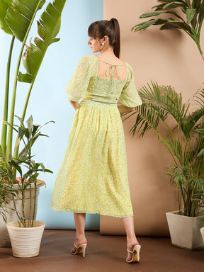 Lime Yellow Ditsy Floral Crop Top With Midi Skirt-SASSAFRAS