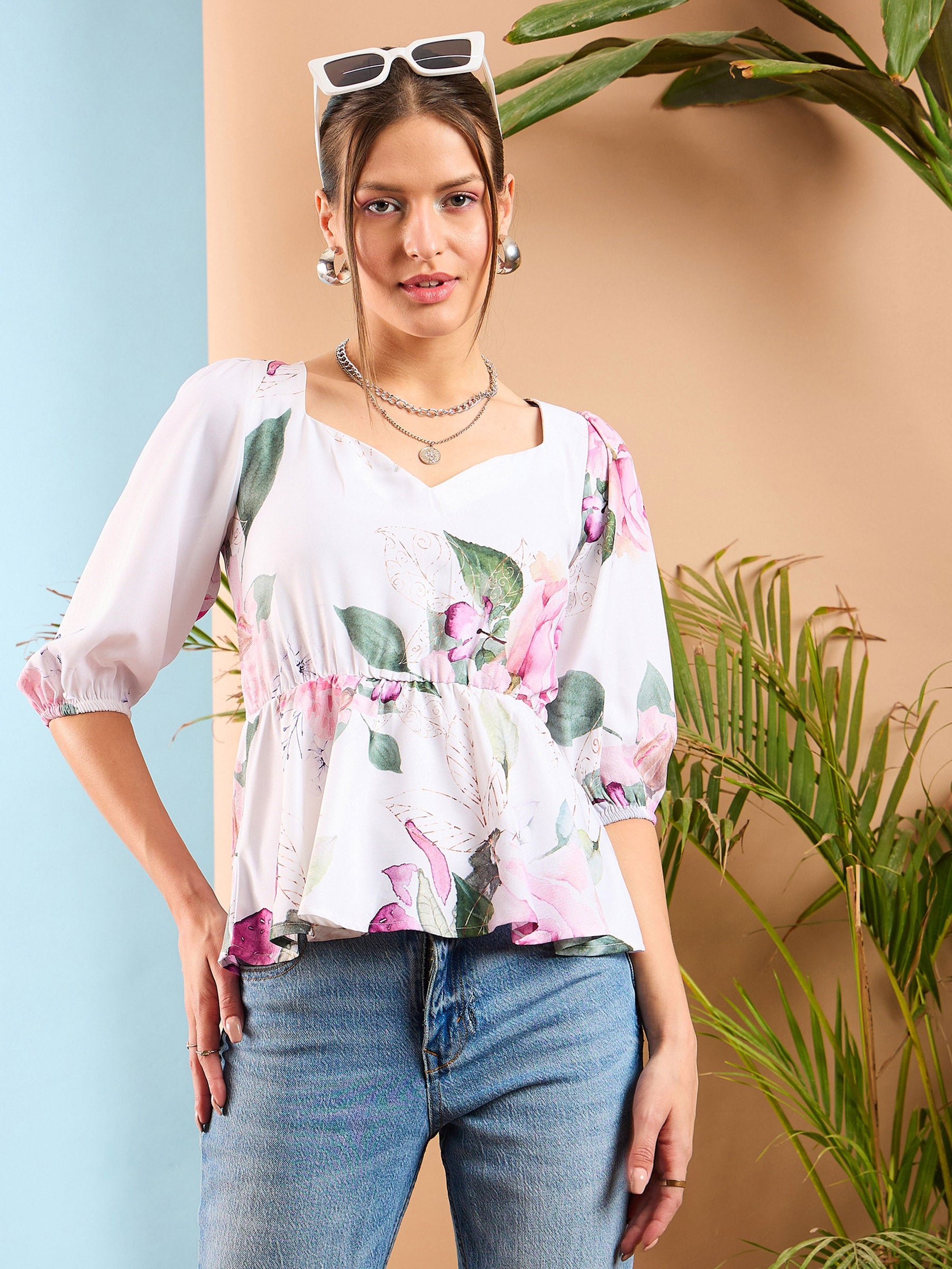 White Floral Criss Cross Back Peplum Top-SASSAFRAS