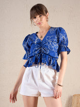 Royal Blue Floral Front Ruched Top-SASSAFRAS