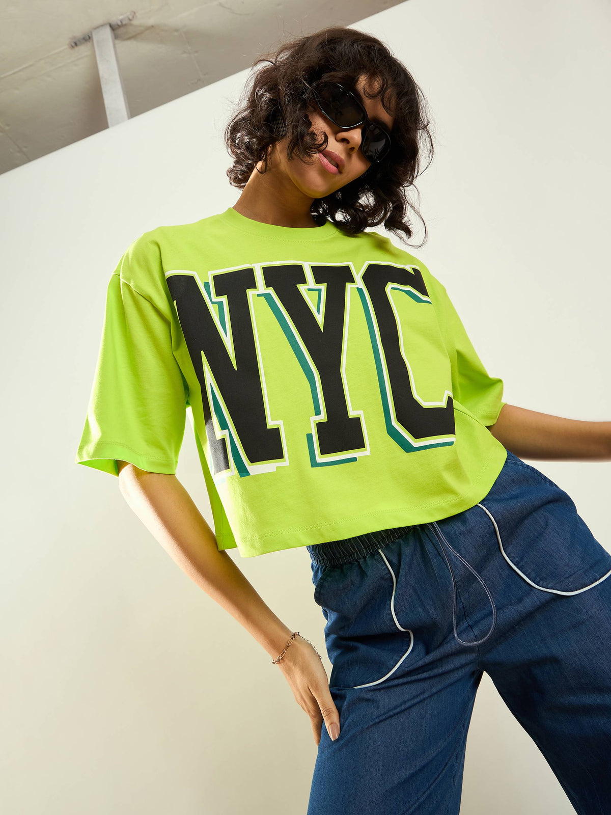 Neon Green NYC Printed Crop T-shirt-SASSAFRAS