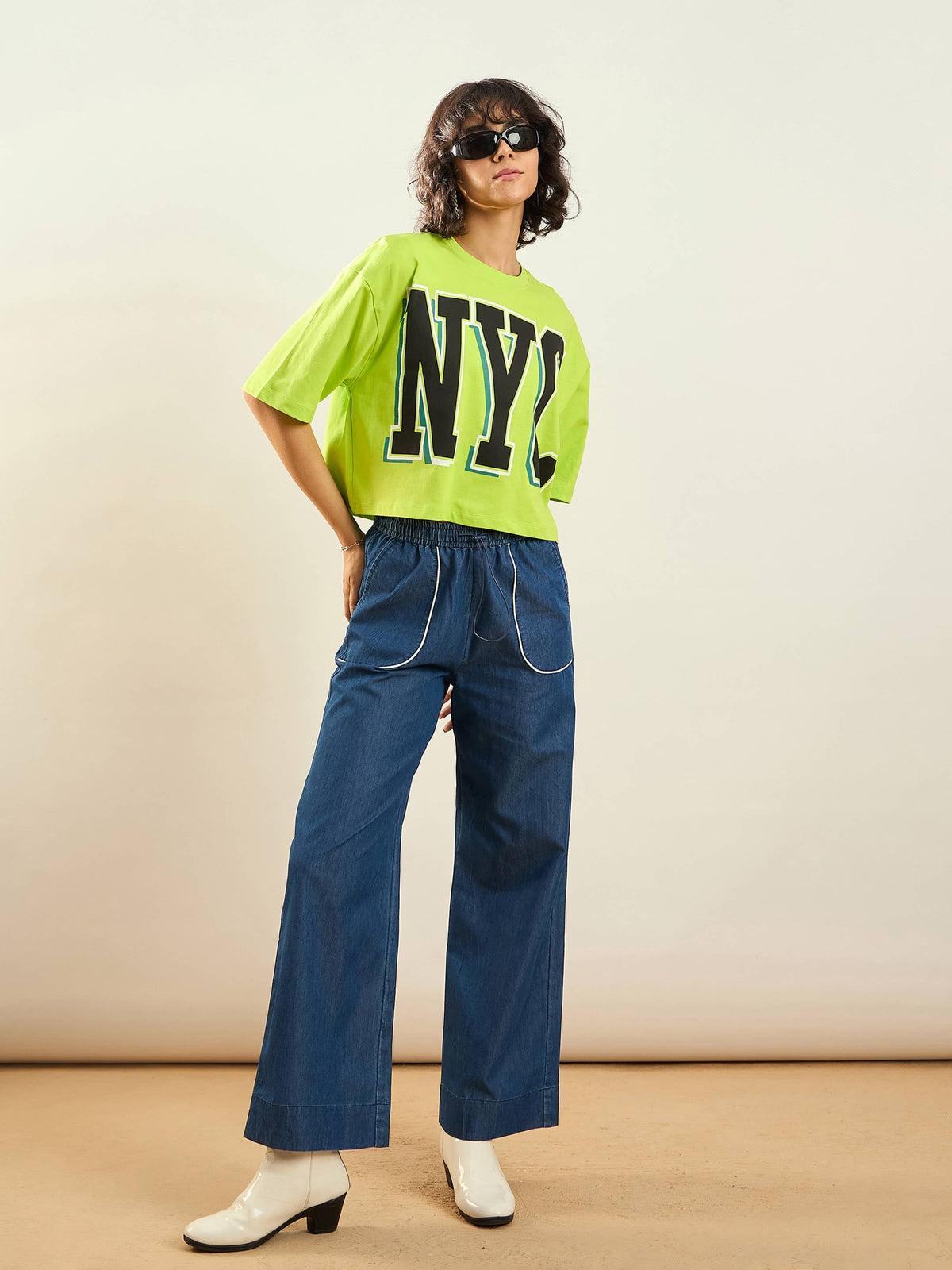 Neon Green NYC Printed Crop T-shirt-SASSAFRAS