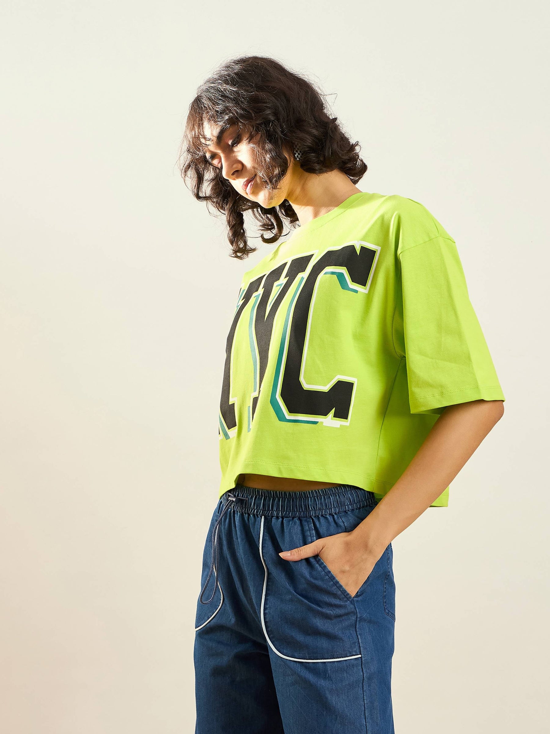 Neon Green NYC Printed Crop T-shirt-SASSAFRAS