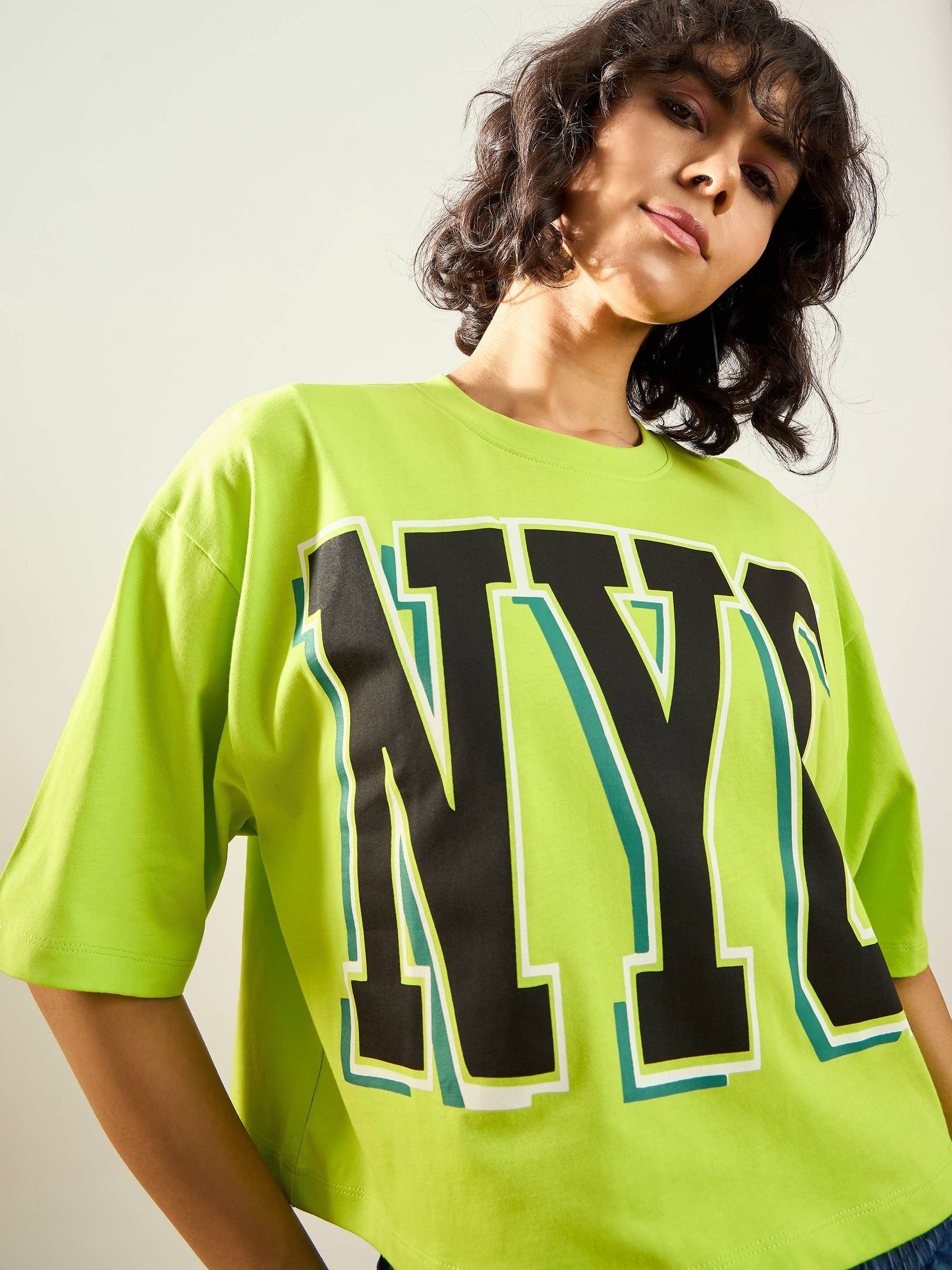 Neon Green NYC Printed Crop T-shirt-SASSAFRAS