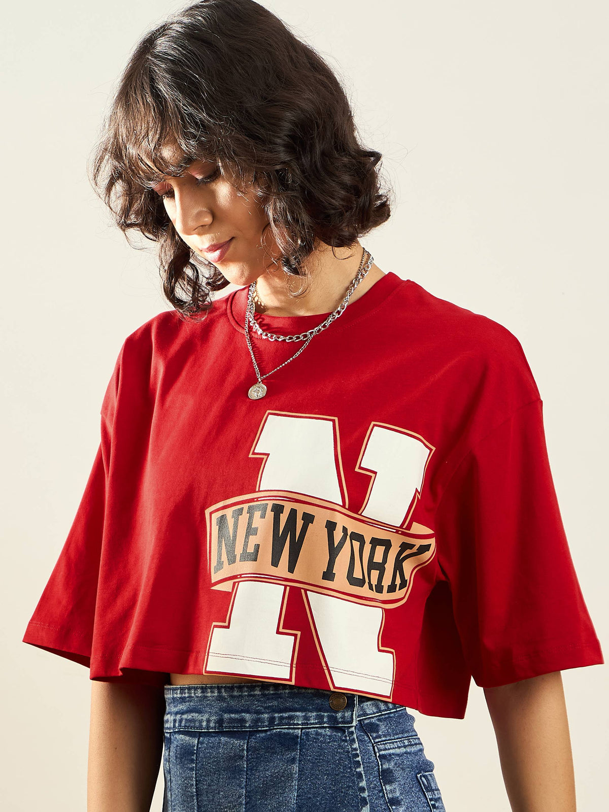 Red NEW YORK Printed Crop T-shirt-SASSAFRAS