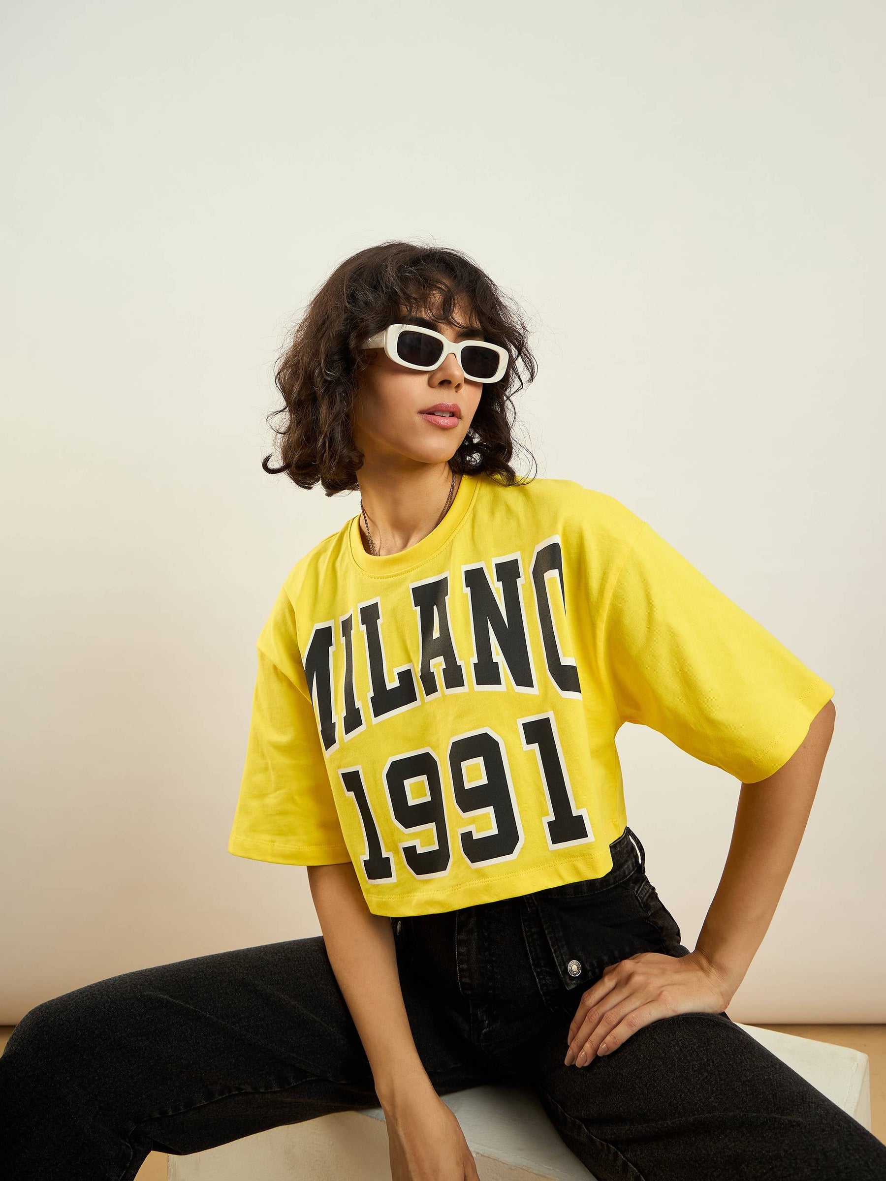 Yellow MILANO 1991 Printed Crop T-shirt-SASSAFRAS