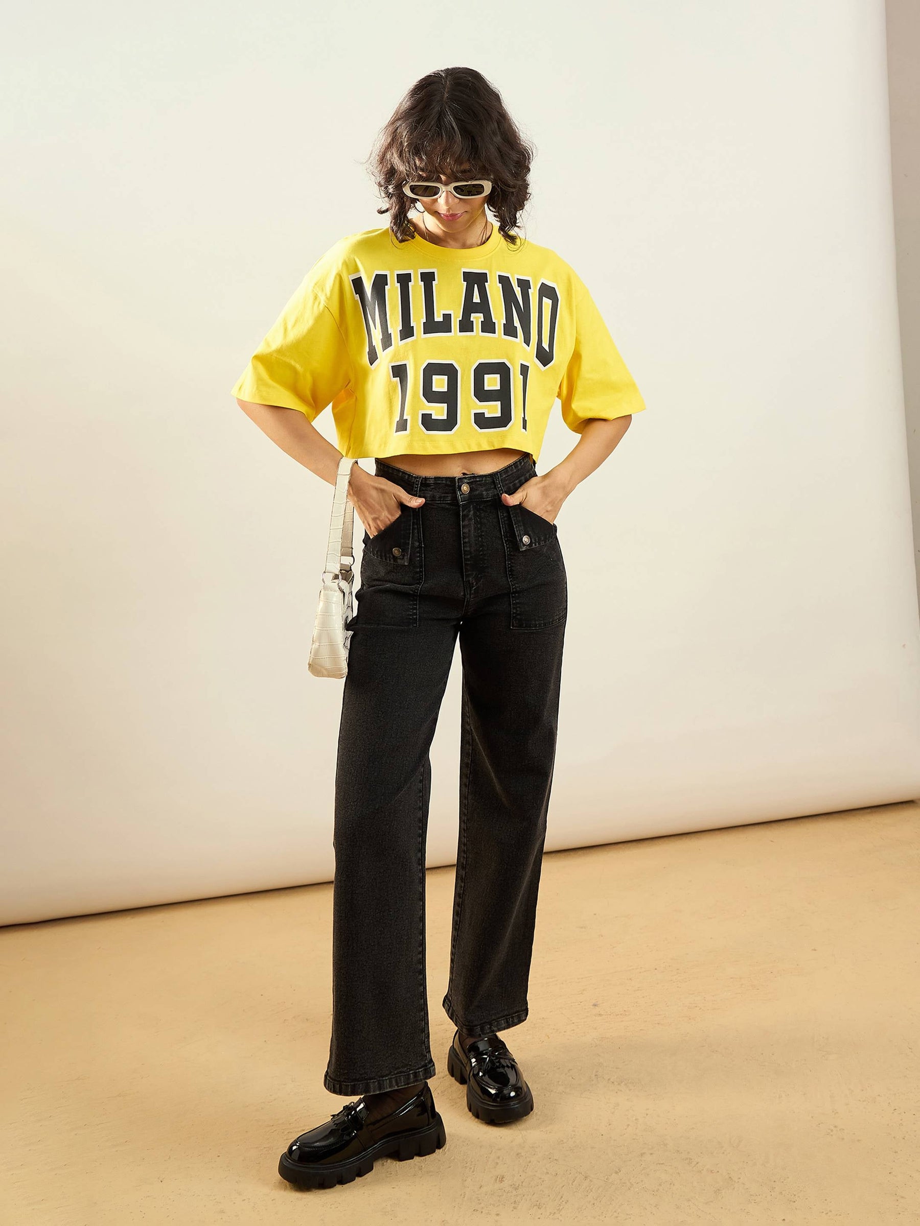 Yellow MILANO 1991 Printed Crop T-shirt-SASSAFRAS