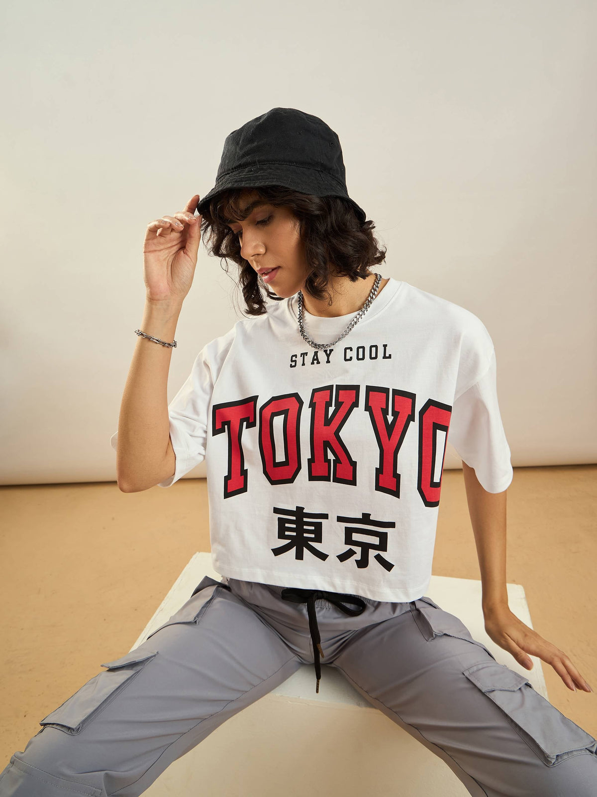 White TOKYO Printed Crop T-shirt-SASSAFRAS