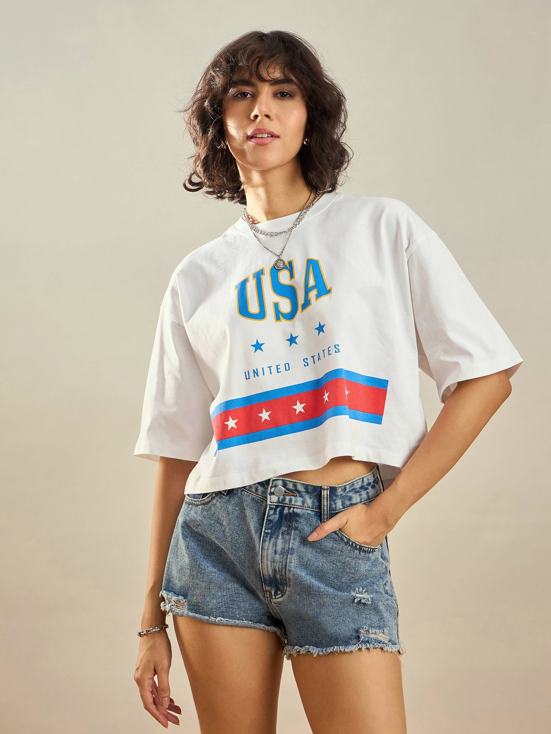 White USA Printed Crop T-shirt-SASSAFRAS